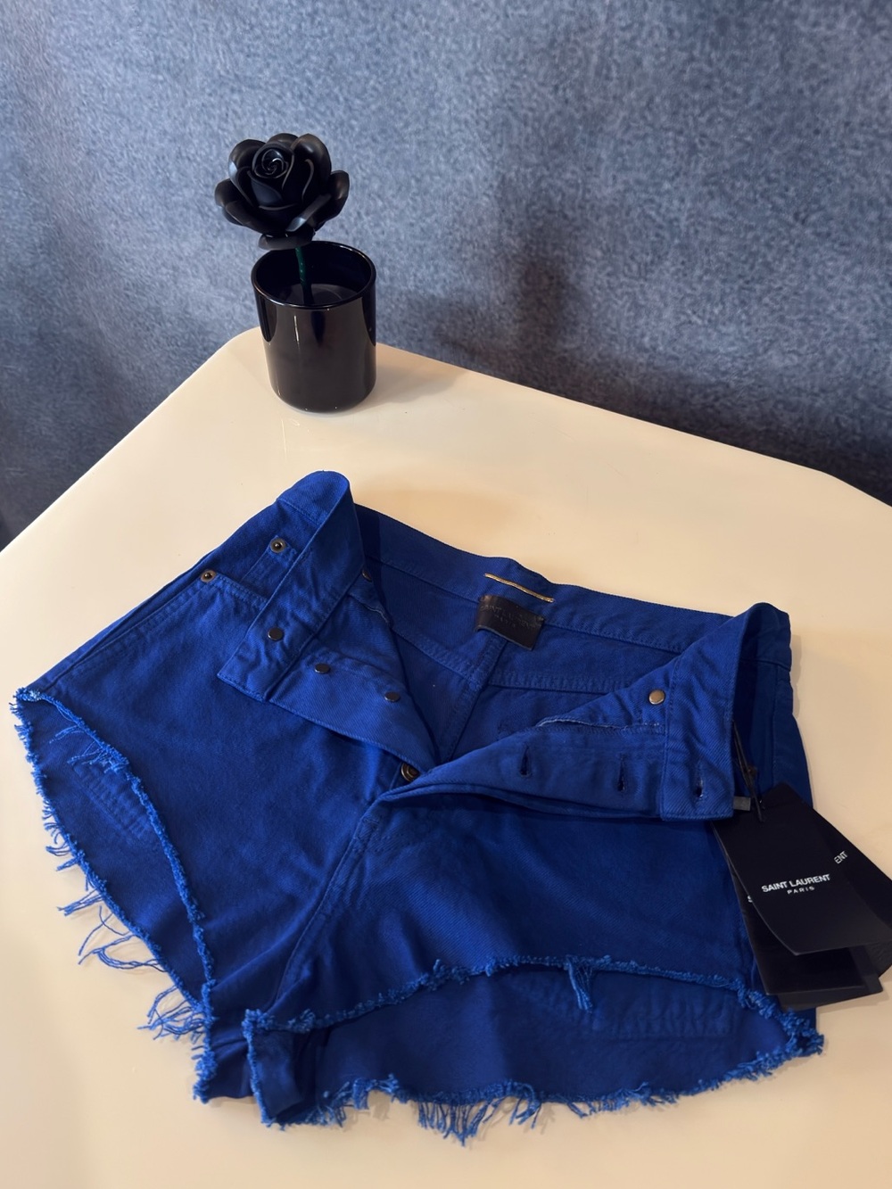 Saint Laurent Electric Blue Frayed Hem Denim Shorts